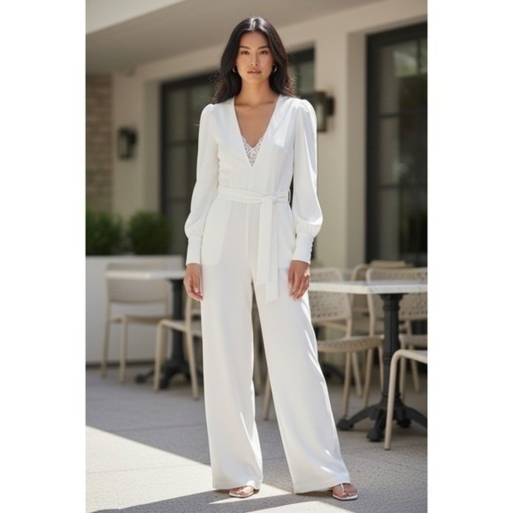 Reiss Elsa Lace Detail V-Neck Wide Leg Jumpsuit 2 White Bridesmaid Long Sleeve
